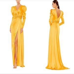 Mac Duggal 12404 Yellow Puff Sleeve Faux Wrap Formal Gown| Size 8
